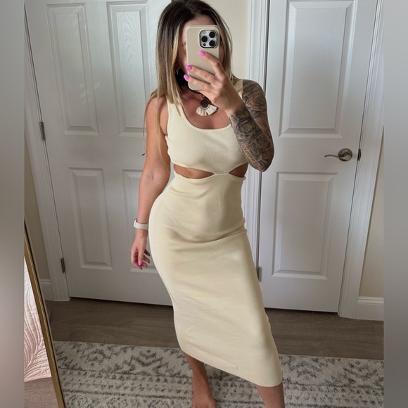 Zara dress midi fitted cream tan ribbed knit cut out midi - Picture 8 of 8
